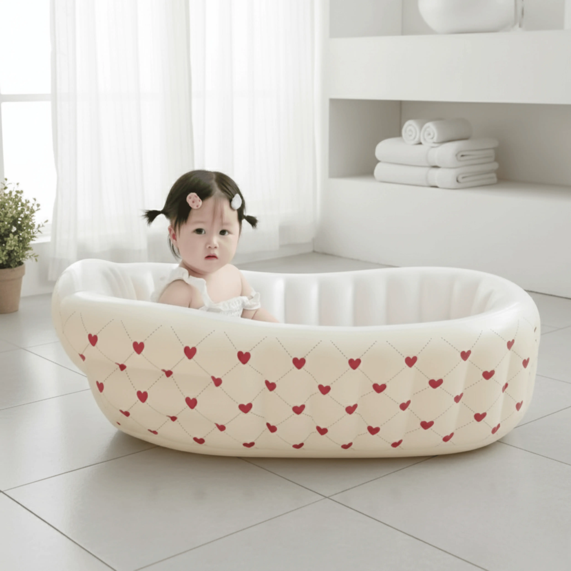 Baignoire gonflable blanche pour bébé avec motifs coeur et coussin de soutien, idéale pour la sécurité et le voyage.