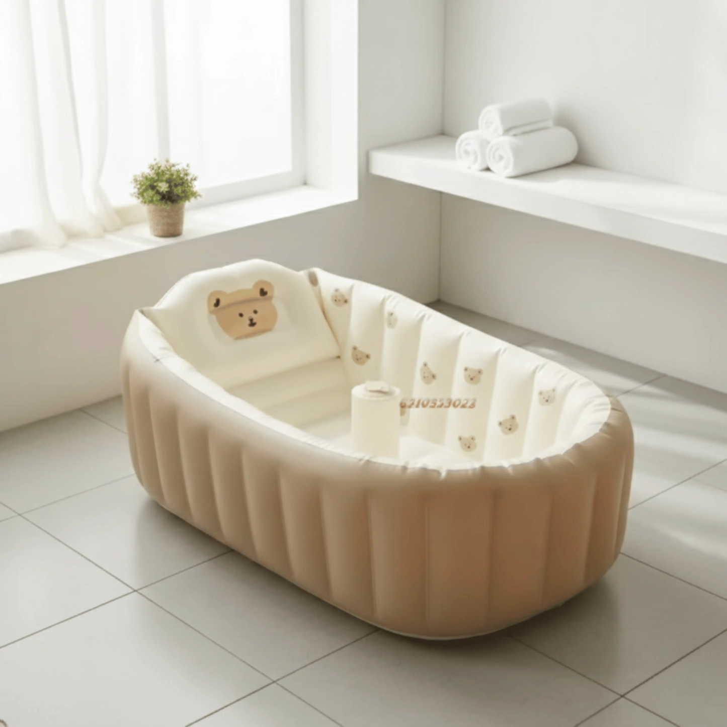 Baignoire gonflable bébé beige portable et sécuritaire avec coussin de soutien en forme d'ourson.