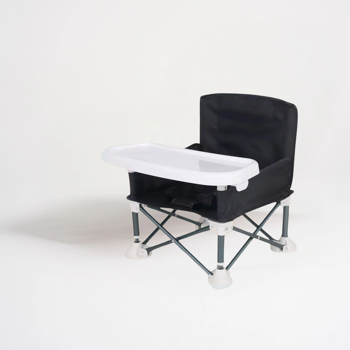 Siège d'appoint portable de couleur noire pour bébé, pliant, avec plateau de repas amovible blanc sur fond clair