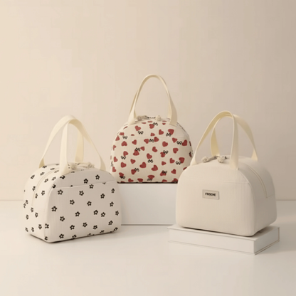 lunch box bébé portable avec motifs cœurs et fleurs, idéale pour ranger les accessoires de bébé ou comme petit sac à langer.